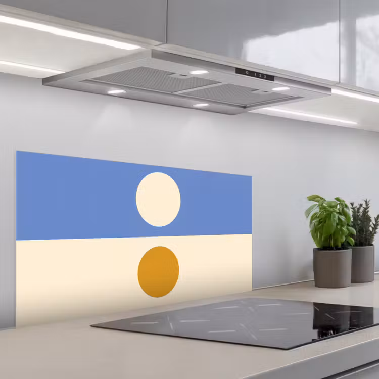 Cirkels - Symmetrisch - Wit - Blauw- Geel keuken achterwand spatscherm middel -3d_schuin