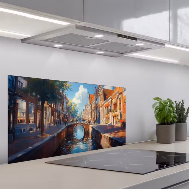 Stad - Gracht - Zon - Fietsen keuken achterwand spatscherm middel -3d_schuin