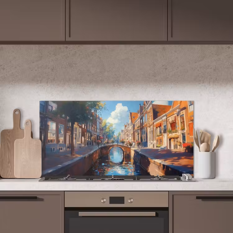 Stad - Gracht - Zon - Fietsen keuken achterwand spatscherm middel -sfeer2