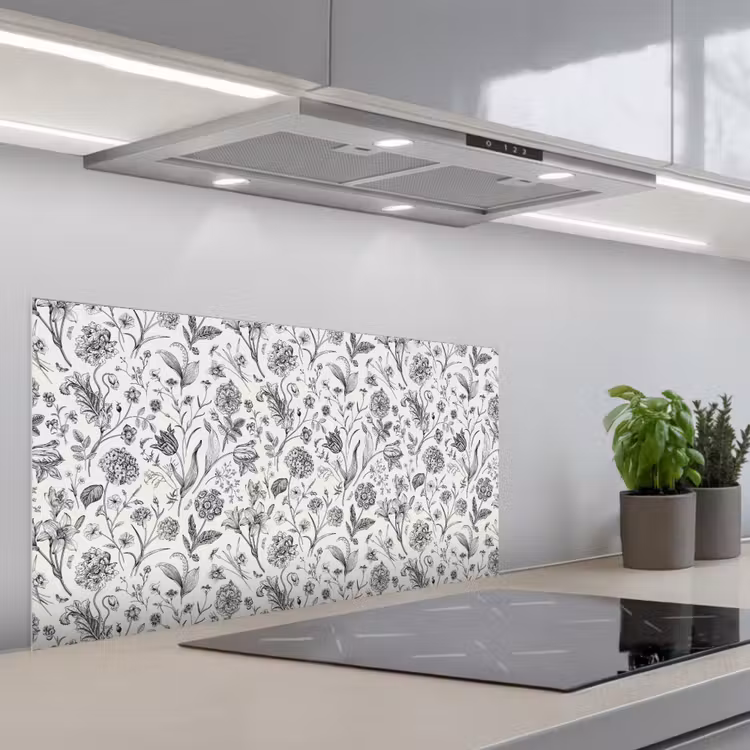 Classic - Black - White - Floral keuken achterwand spatscherm middel 899 -3d_schuin