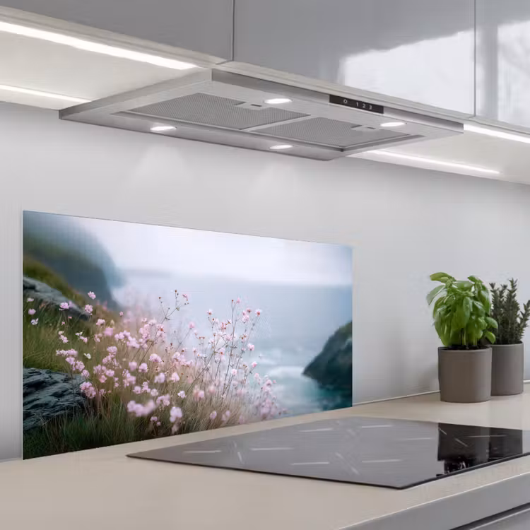 Klif - Bloemen - Zee - Roze keuken achterwand spatscherm middel -3d_schuin