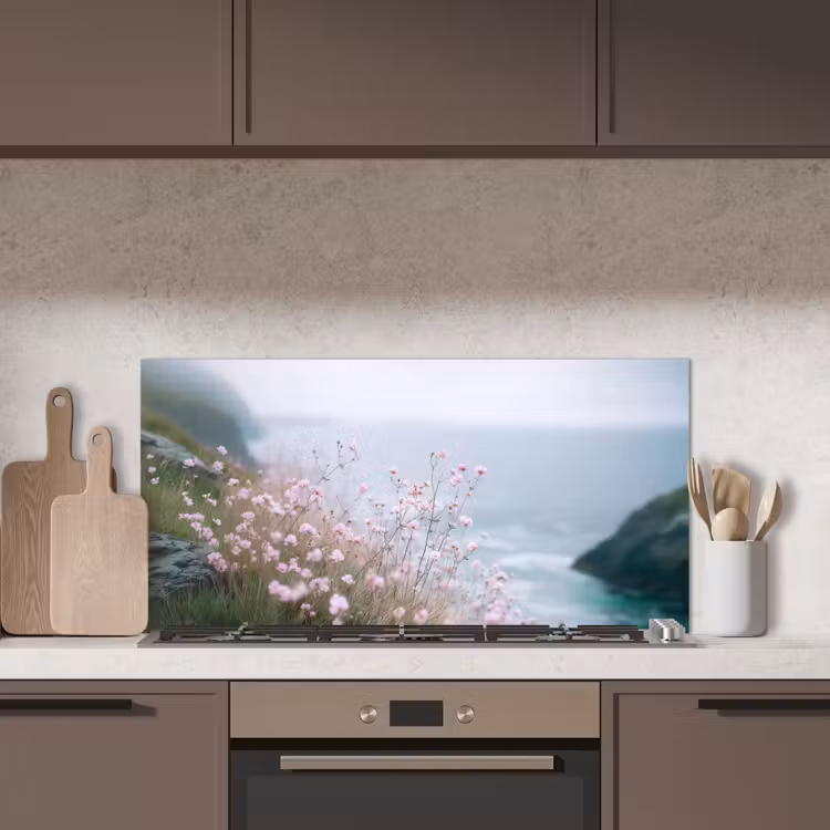Klif - Bloemen - Zee - Roze keuken achterwand spatscherm middel -sfeer2