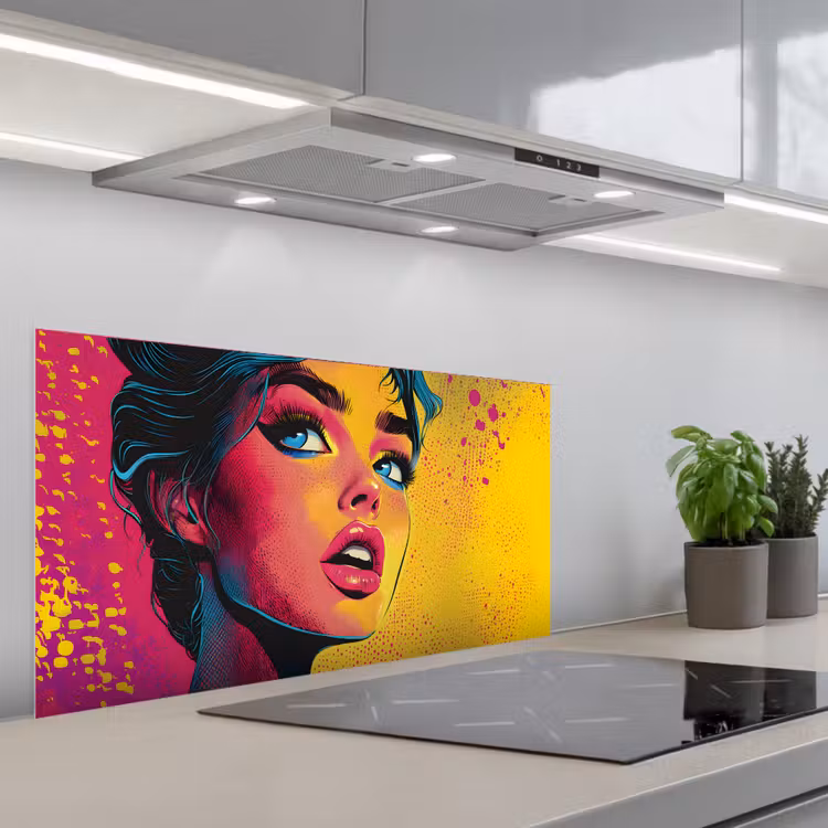 Close-up - Vrouwengezicht - Stippen - Geel keuken achterwand spatscherm middel -3d_schuin