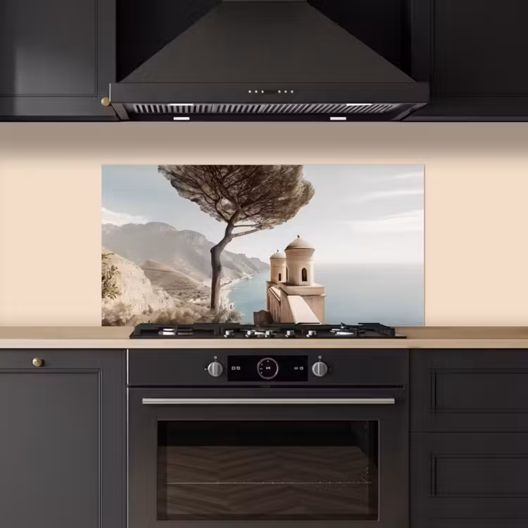 Kust - Klif - Boom - Gebouw keuken achterwand spatscherm middel -sfeer1