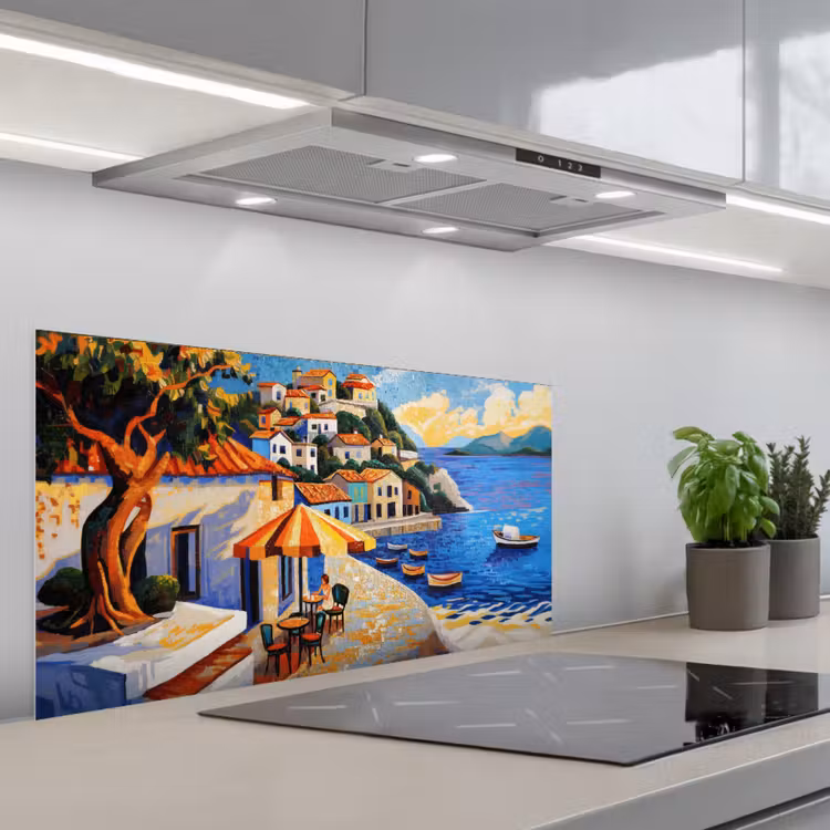 Kustdorp - Huisjes - Mozaïek - Zee keuken achterwand spatscherm middel -3d_schuin