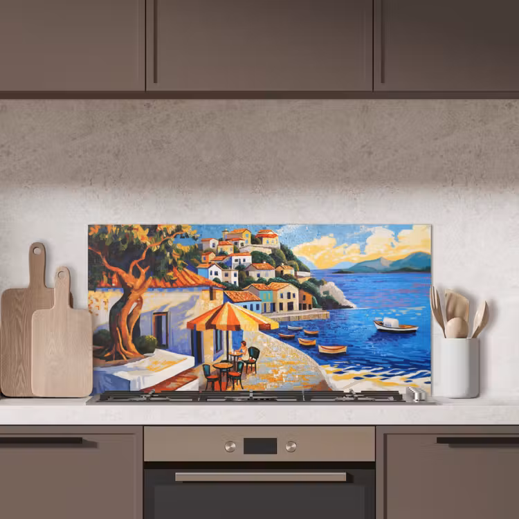 Kustdorp - Huisjes - Mozaïek - Zee keuken achterwand spatscherm middel -sfeer2