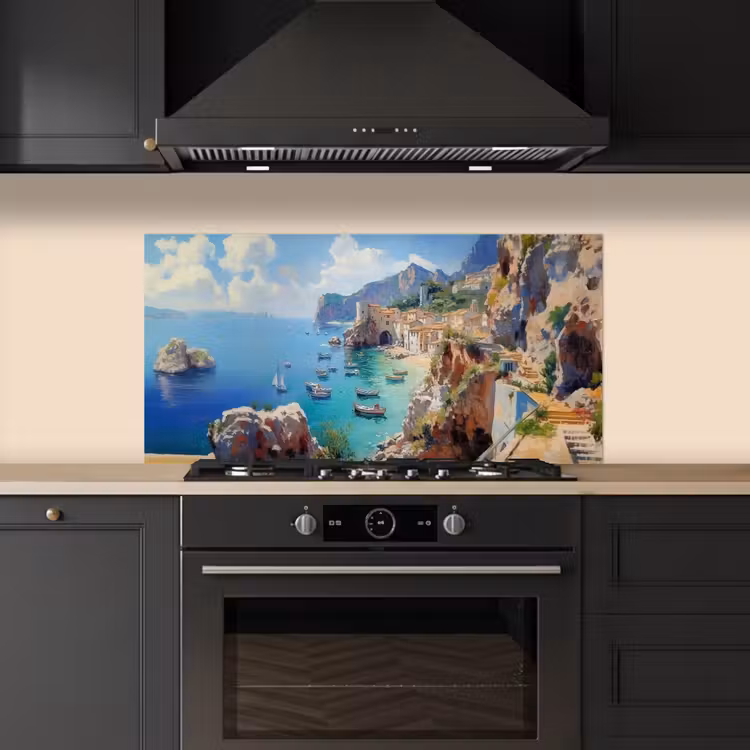 Kustdorp - Schilderij - Rotsen - Boten keuken achterwand spatscherm middel -sfeer1