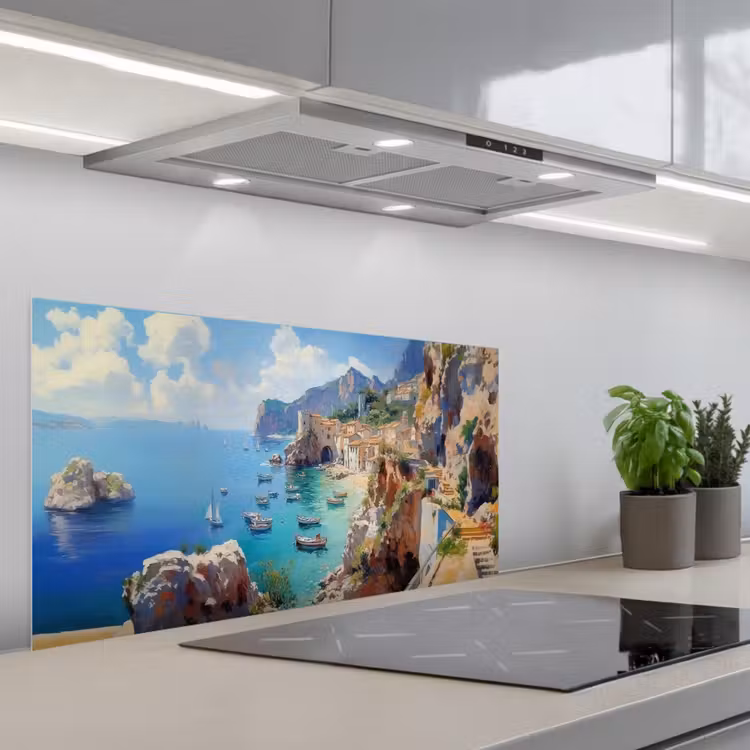 Kustdorp - Schilderij - Rotsen - Boten keuken achterwand spatscherm middel -3d_schuin