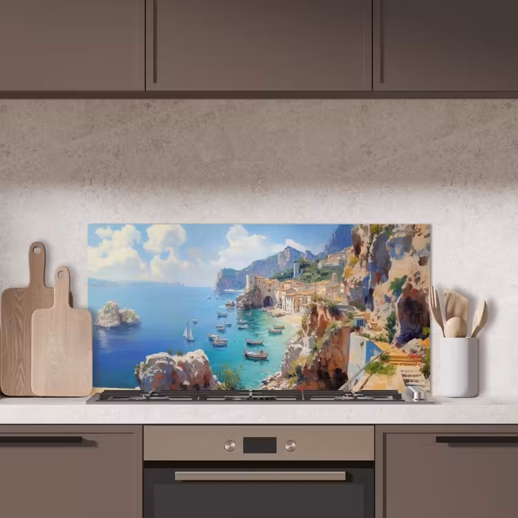 Kustdorp - Schilderij - Rotsen - Boten keuken achterwand spatscherm middel -sfeer2