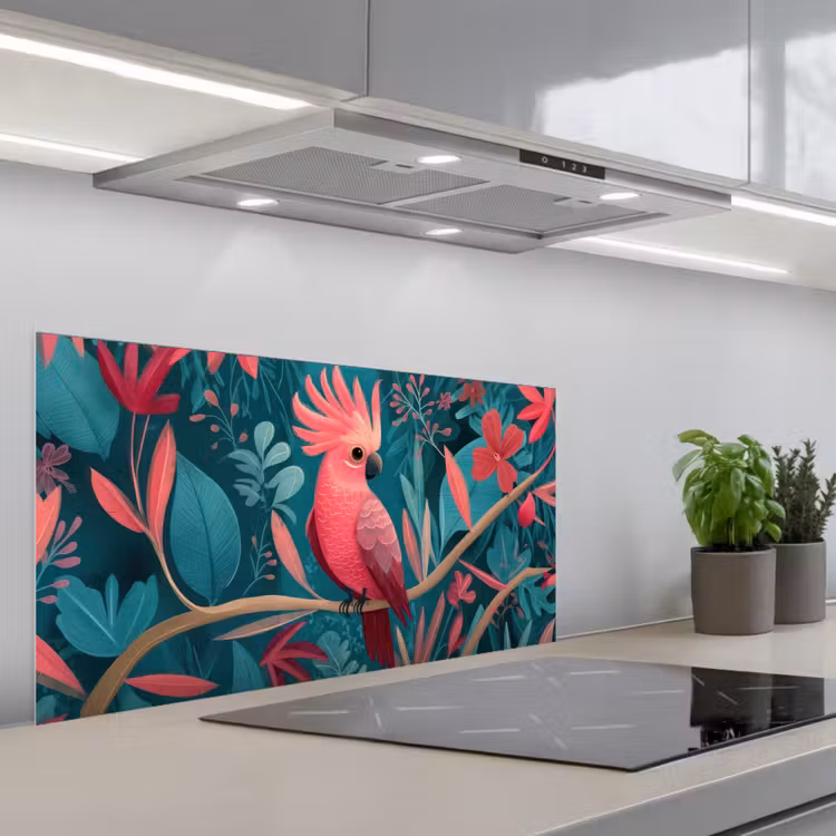 Kaketoe - Tropische bladeren - Tak keuken achterwand spatscherm middel -3d_schuin