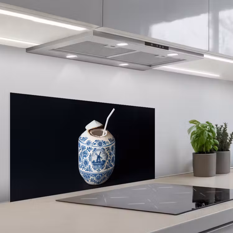 Kokosnoot - Eten - Delfts blauw - Drinken keuken achterwand spatscherm middel -3d_schuin