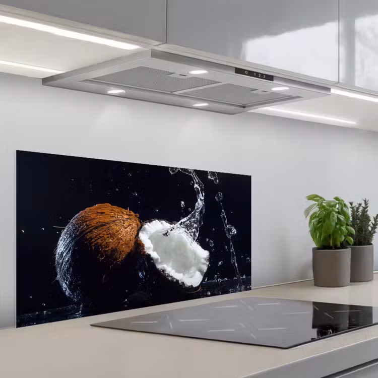 Kokosnoot - Stilleven - Water - Zwart - Fruit keuken achterwand spatscherm middel -3d_schuin