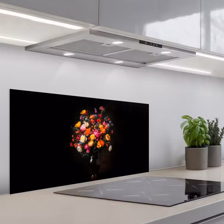 Kleurrijk - Boeket - Vaas - Donkerbruin keuken achterwand spatscherm middel -3d_schuin
