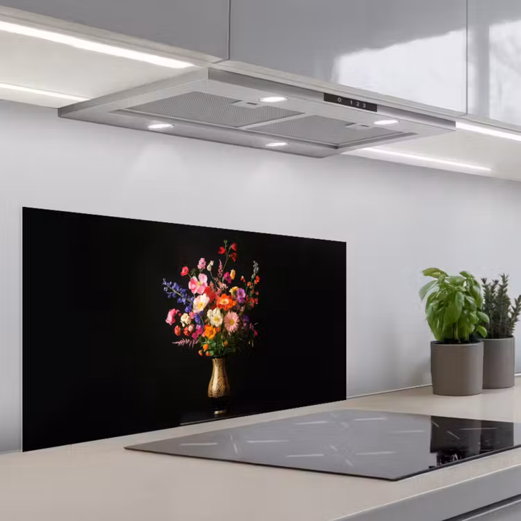 Kleurrijk - Boeket - Vaas - Goud keuken achterwand spatscherm middel -3d_schuin