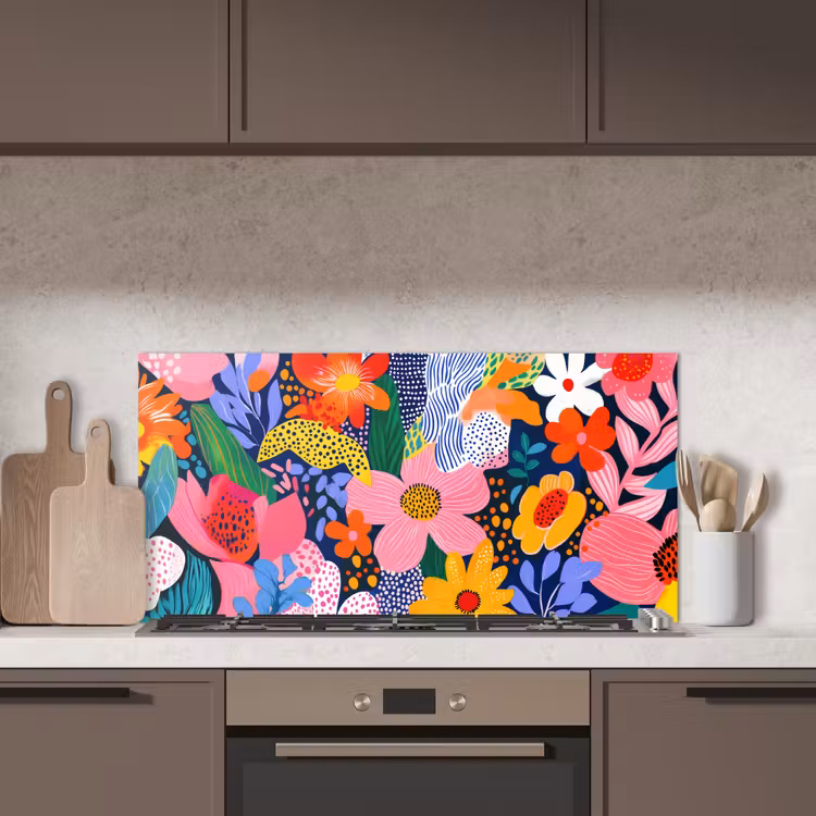 Kleurrijk - Bloemen - Abstract - Stippen keuken achterwand spatscherm middel -sfeer2