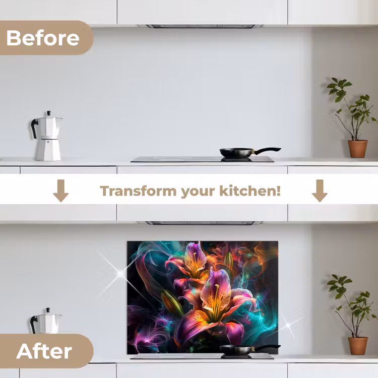 Kleurrijk - Bloemen - Zwart keuken achterwand spatscherm middel -voor_na_EN
