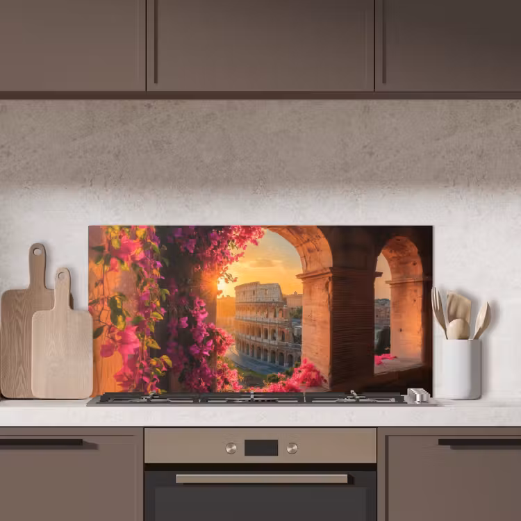 Colosseum - Rome - Roze Bloemen keuken achterwand spatscherm middel -sfeer2