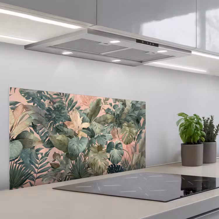 Compositie van bladeren - Groen - Roze keuken achterwand spatscherm middel -3d_schuin