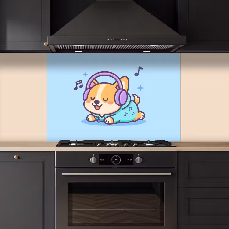 Corgi - Koptelefoon - Blauw - Muzieknoten keuken achterwand spatscherm middel -sfeer1
