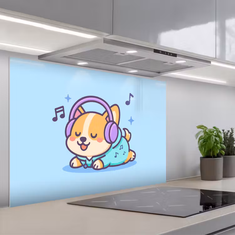 Corgi - Koptelefoon - Blauw - Muzieknoten keuken achterwand spatscherm middel -3d_schuin