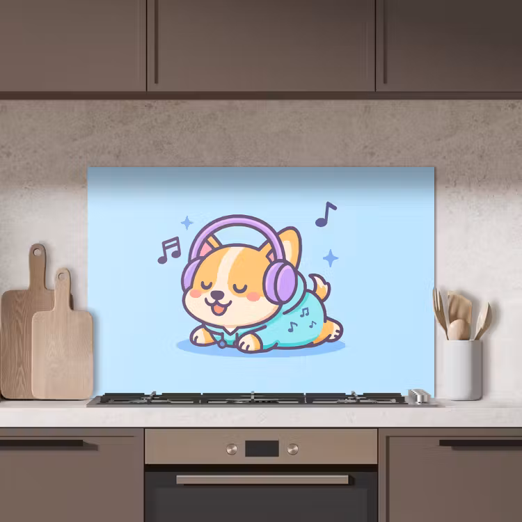 Corgi - Koptelefoon - Blauw - Muzieknoten keuken achterwand spatscherm middel -sfeer2