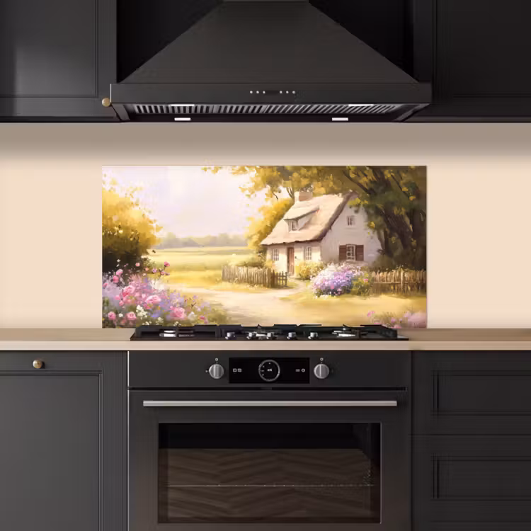 Huisje - Hout - Bloemen keuken achterwand spatscherm middel -sfeer1