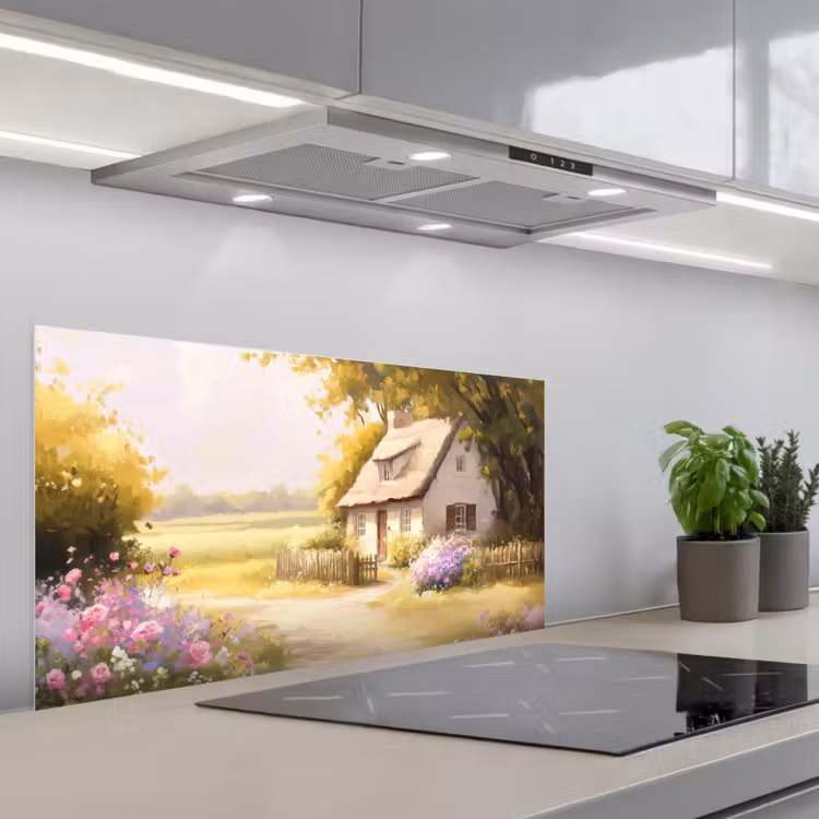 Huisje - Hout - Bloemen keuken achterwand spatscherm middel -3d_schuin