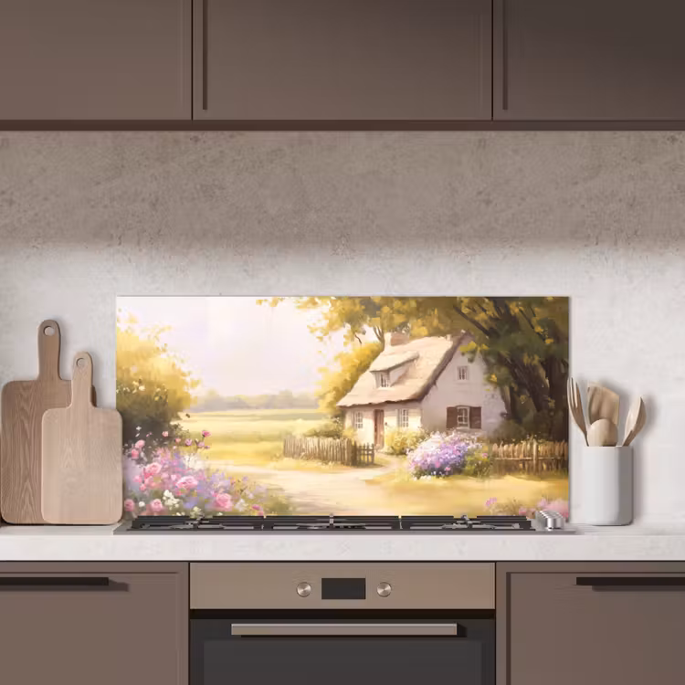 Huisje - Hout - Bloemen keuken achterwand spatscherm middel -sfeer2