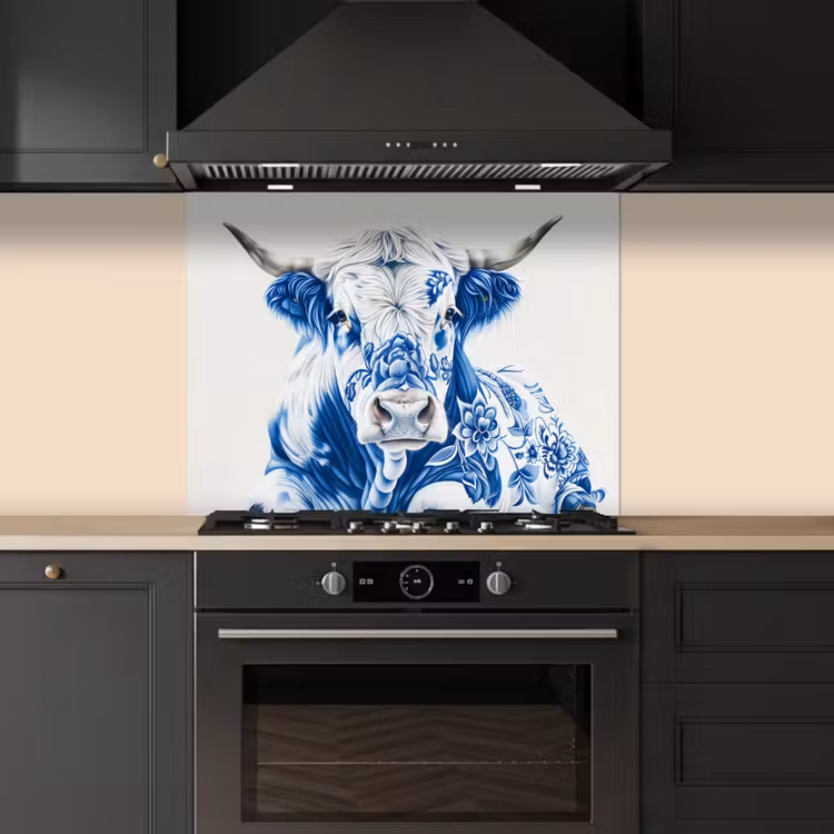 Koe - Delfts blauw - Bloemen - Kunst keuken achterwand spatscherm middel -sfeer1