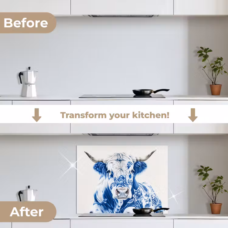 Koe - Delfts blauw - Bloemen - Kunst keuken achterwand spatscherm middel -voor_na_EN
