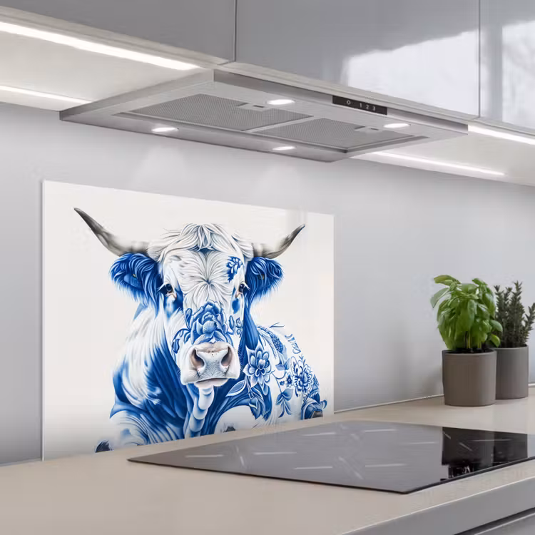 Koe - Delfts blauw - Bloemen - Kunst keuken achterwand spatscherm middel -3d_schuin