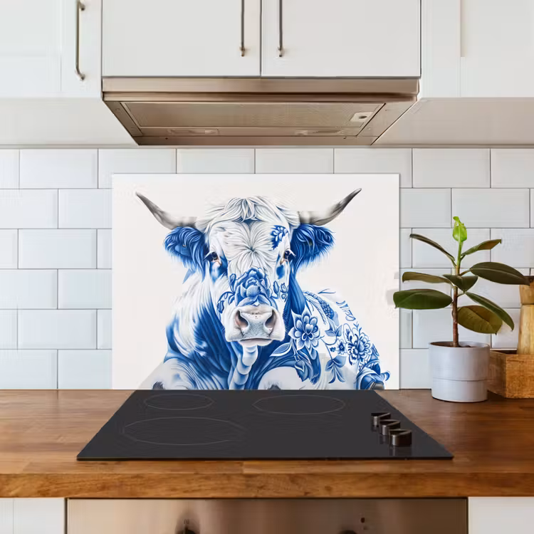 Koe - Delfts blauw - Bloemen - Kunst keuken achterwand spatscherm middel -sfeer2
