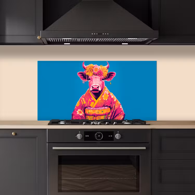 Koe - Bloemenkrans - Oorhangers - Kimono keuken achterwand spatscherm middel -sfeer1