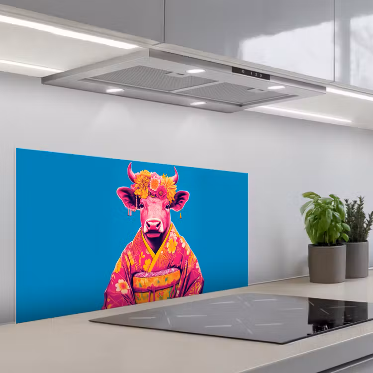 Koe - Bloemenkrans - Oorhangers - Kimono keuken achterwand spatscherm middel -3d_schuin