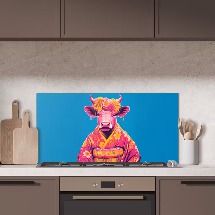 Koe - Bloemenkrans - Oorhangers - Kimono keuken achterwand spatscherm middel -sfeer2