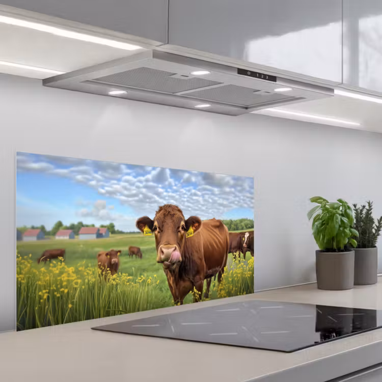 Koe - Weide - Bloemen keuken achterwand spatscherm middel -3d_schuin