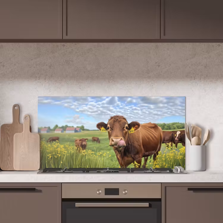 Koe - Weide - Bloemen keuken achterwand spatscherm middel -sfeer2