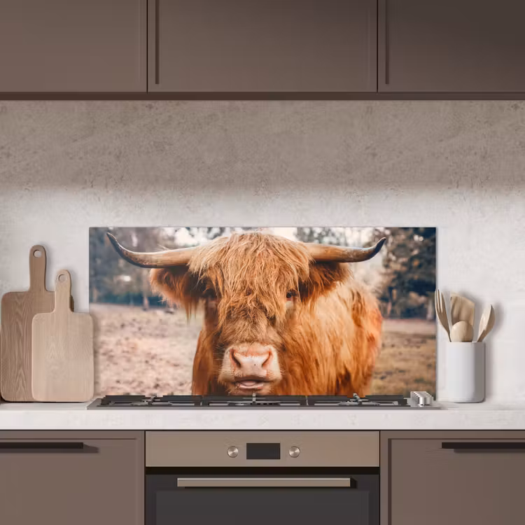 Koe- Schotse hooglander - Hoorns - Bruin - Landschap keuken achterwand spatscherm middel -sfeer2