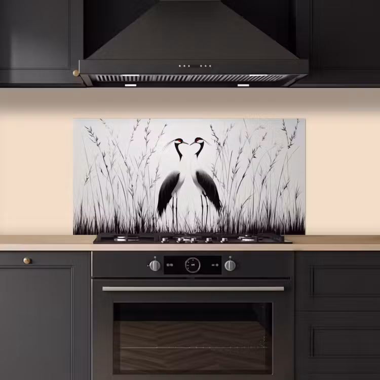 Kraanvogels - Gras - Hartvorm - Zwart keuken achterwand spatscherm middel -sfeer1