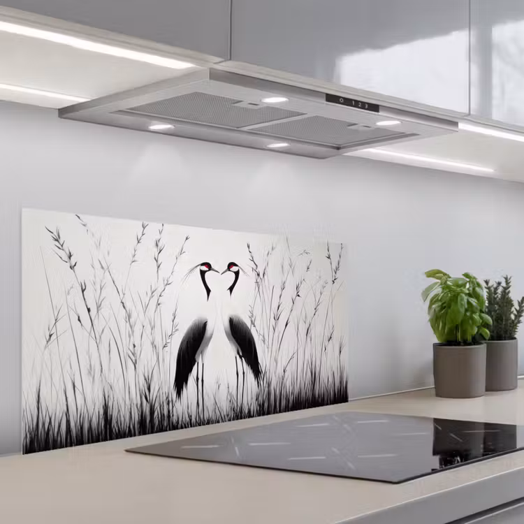 Kraanvogels - Gras - Hartvorm - Zwart keuken achterwand spatscherm middel -3d_schuin
