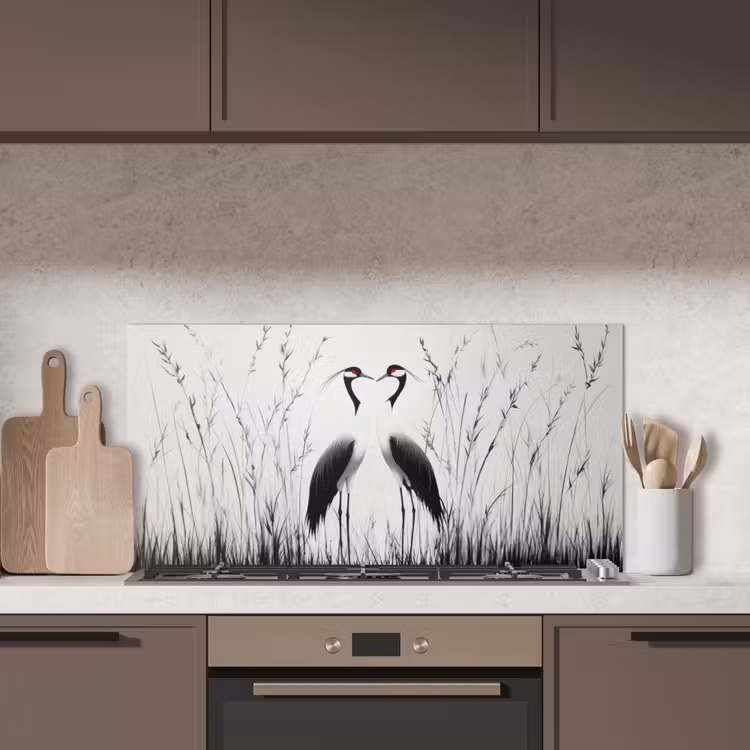 Kraanvogels - Gras - Hartvorm - Zwart keuken achterwand spatscherm middel -sfeer2