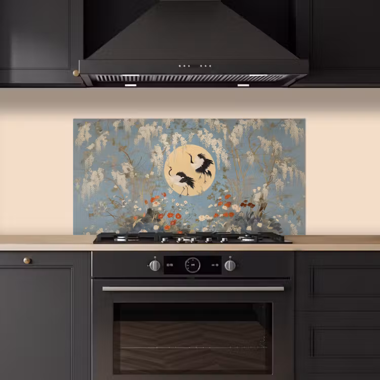 Kraanvogels - Maan - Bloemen - Blauw keuken achterwand spatscherm middel -sfeer1