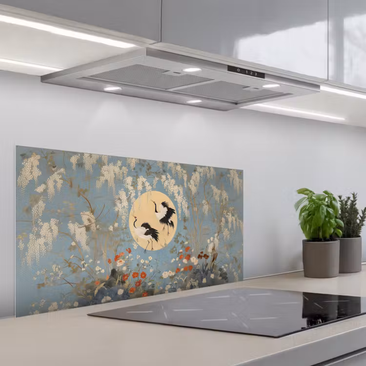 Kraanvogels - Maan - Bloemen - Blauw keuken achterwand spatscherm middel -3d_schuin