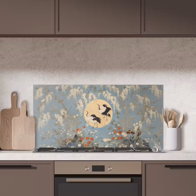Kraanvogels - Maan - Bloemen - Blauw keuken achterwand spatscherm middel -sfeer2