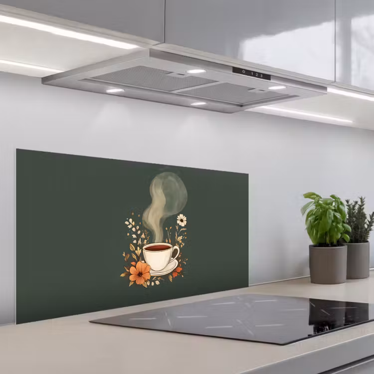 Kop - Bloemen - Groen - Koffie keuken achterwand spatscherm middel -3d_schuin