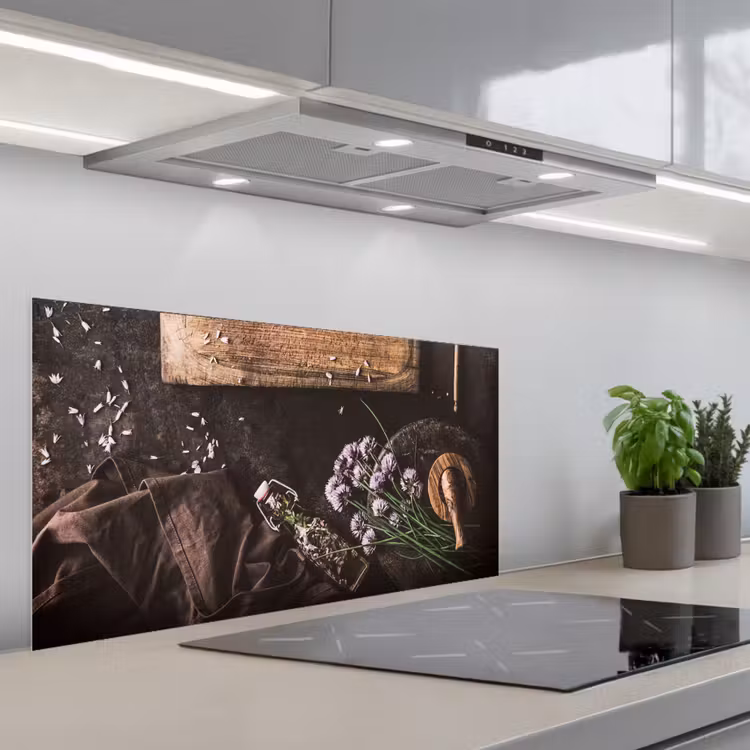 Snijplank - Kruiden - Lepel - Keuken - Rustiek - Vijzel - Bieslook keuken achterwand spatscherm middel -3d_schuin
