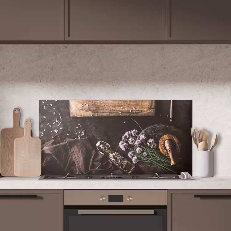 Snijplank - Kruiden - Lepel - Keuken - Rustiek - Vijzel - Bieslook keuken achterwand spatscherm middel -sfeer2