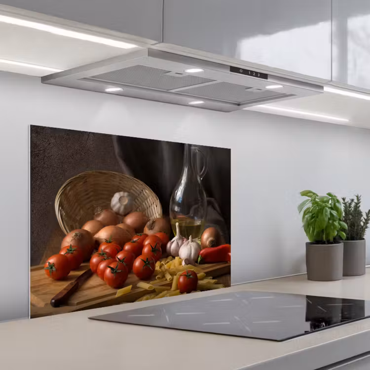 Snijplank - Groente - Stilleven - Pasta - Uit - Tomaat - Snijplank keuken achterwand spatscherm middel -3d_schuin