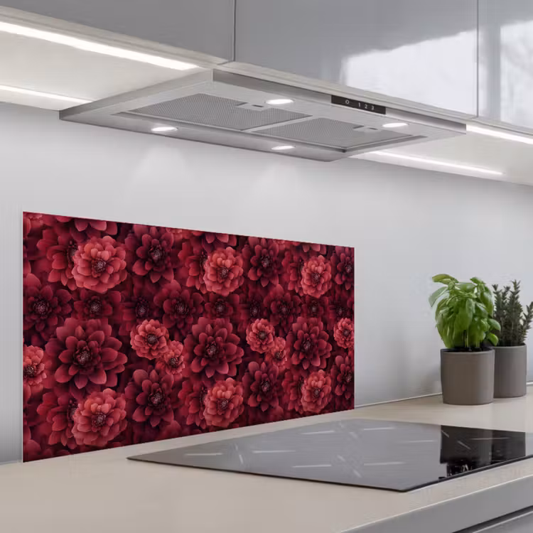 Dahlias - Bloemen - Rood keuken achterwand spatscherm middel 899 -3d_schuin