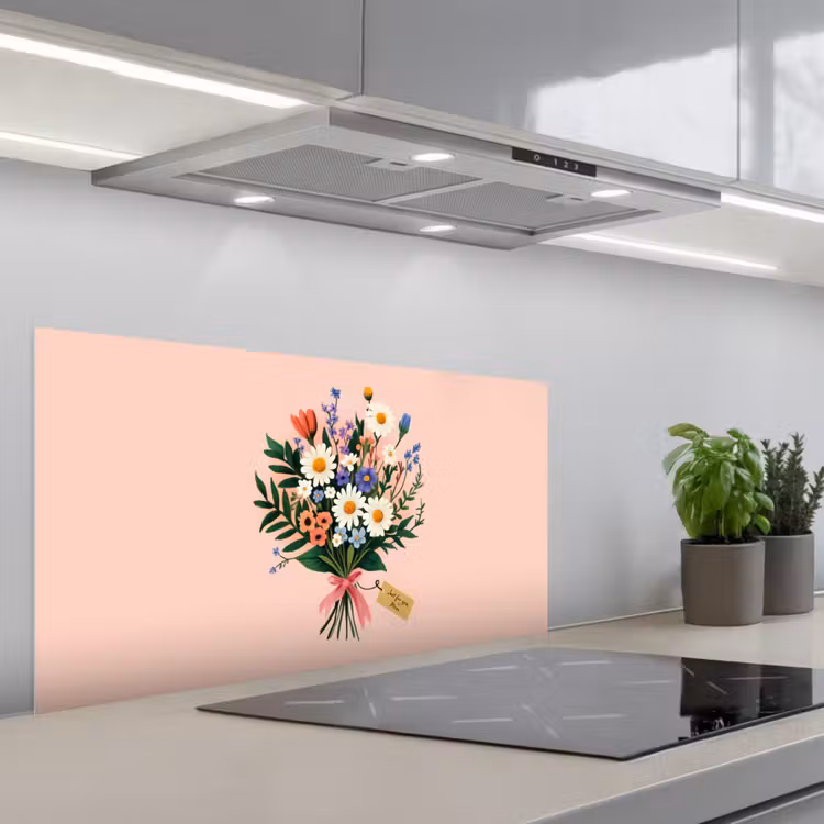 Margrieten - Boeket - Strikje - Roze keuken achterwand spatscherm middel -3d_schuin